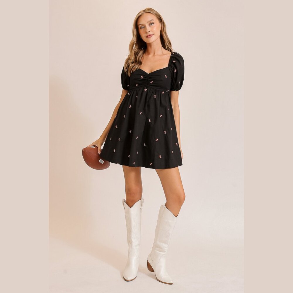 TIMING Football Mini Dress Black Puff Sleeve Sweetheart Neck Game Day Y2K - Picture 4 of 8